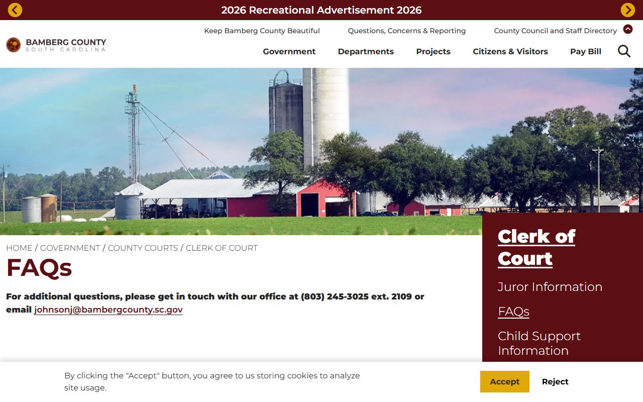 Bamberg County Clerk of Court records FAQ contact details