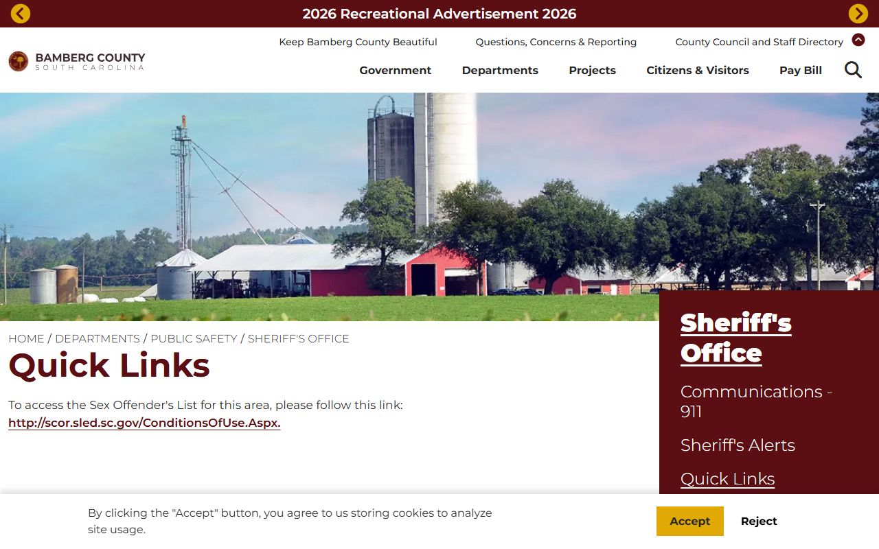 Bamberg County arrest records Sheriff's quick links page