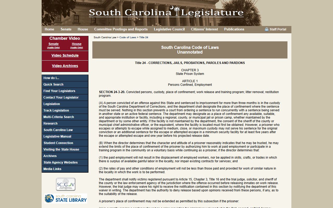 Bamberg County arrest records South Carolina corrections custody statute