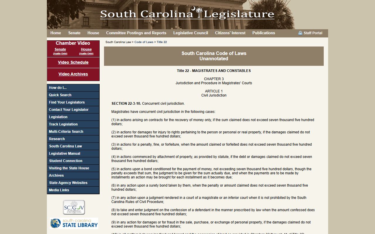 Bamberg County court dockets South Carolina Magistrate Court jurisdiction statute