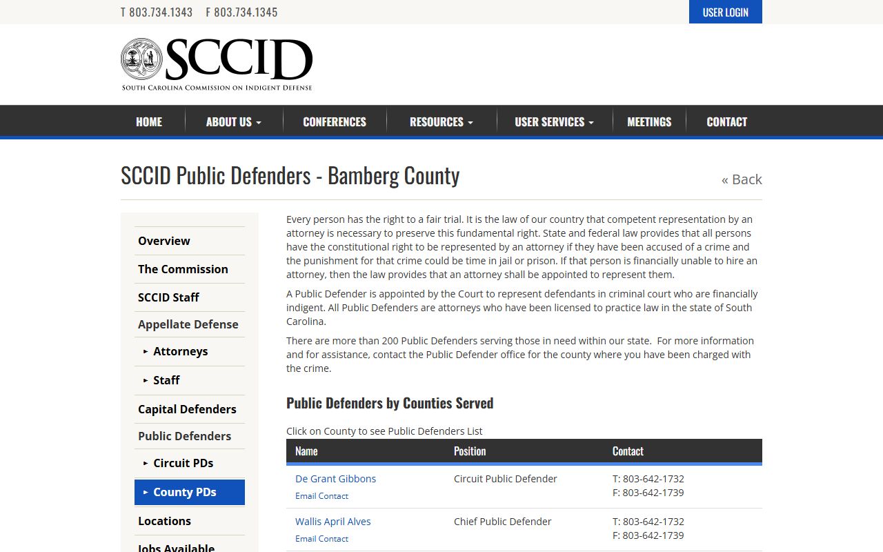 Bamberg County criminal court records public defender page