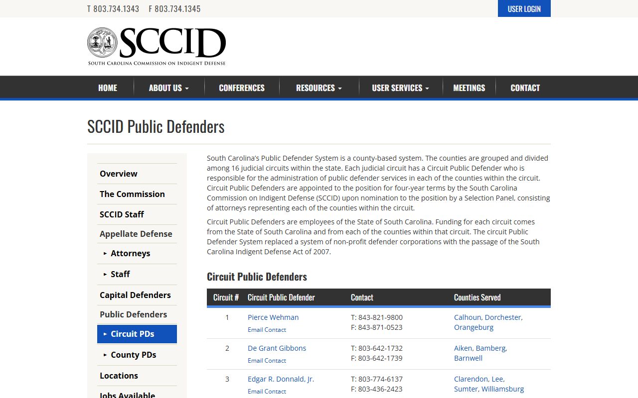 Bamberg County criminal court records Circuit 2 public defender directory