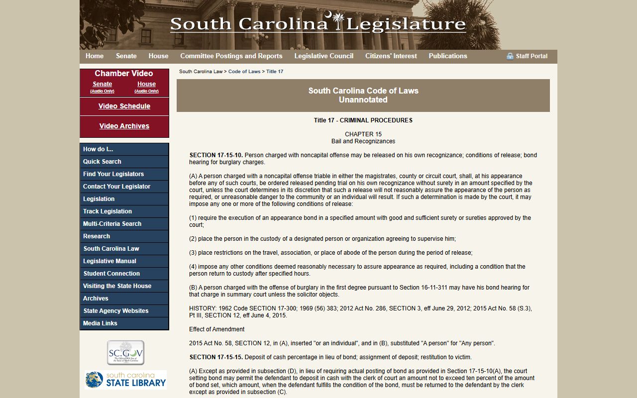 Bamberg County criminal court records South Carolina bail statute
