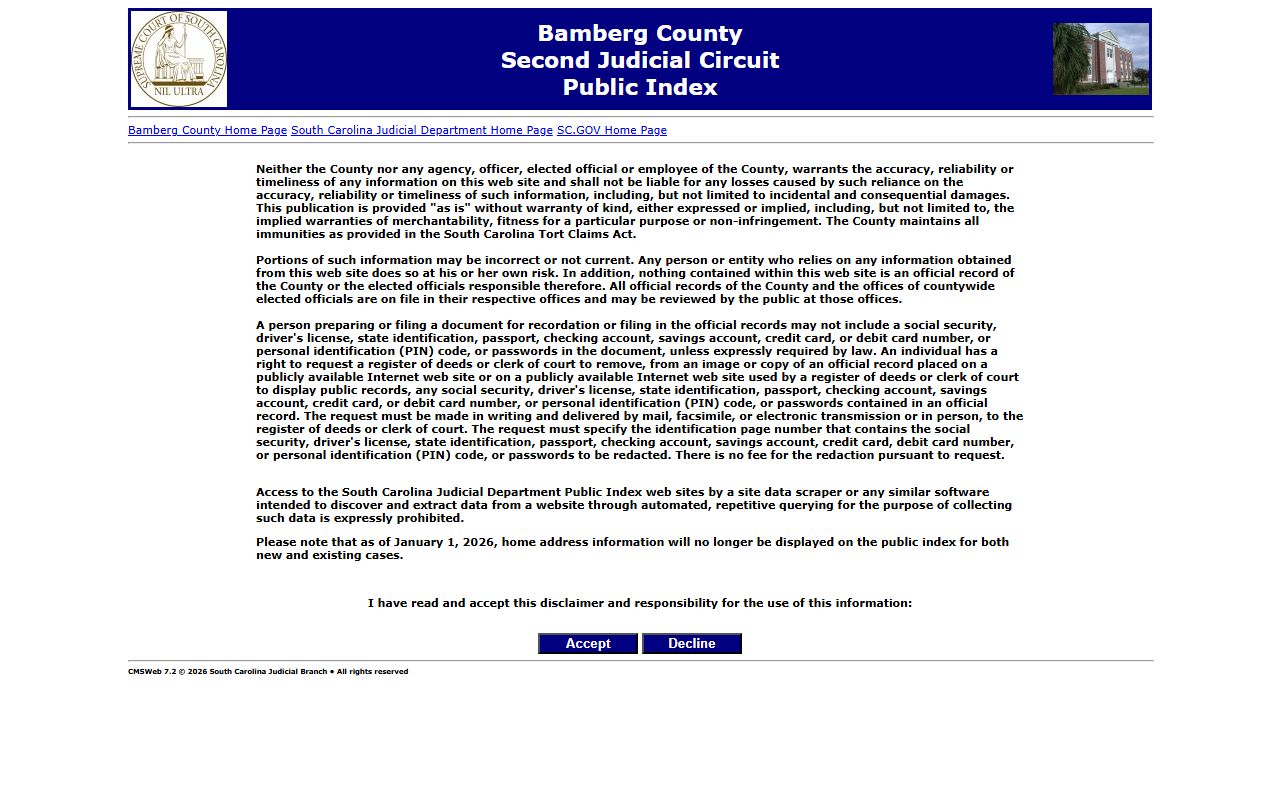 Bamberg County court records Public Index search