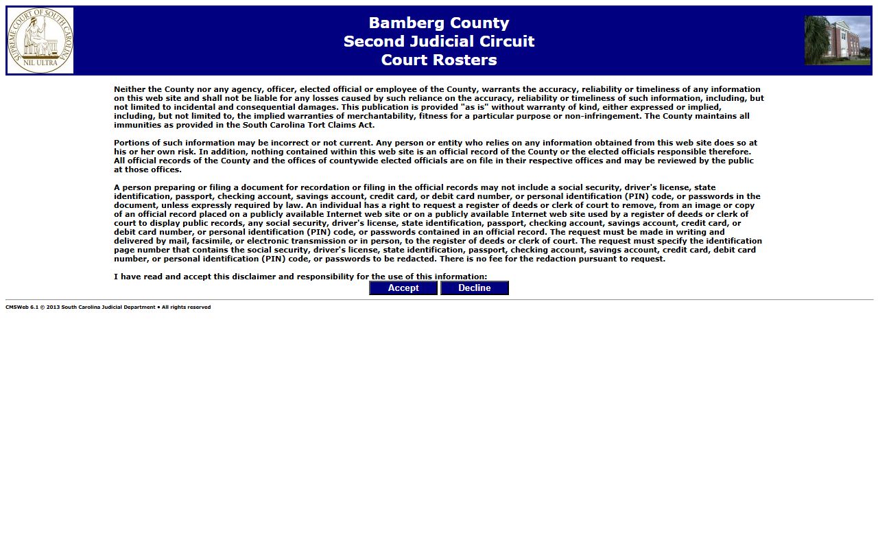 Bamberg County court records court rosters