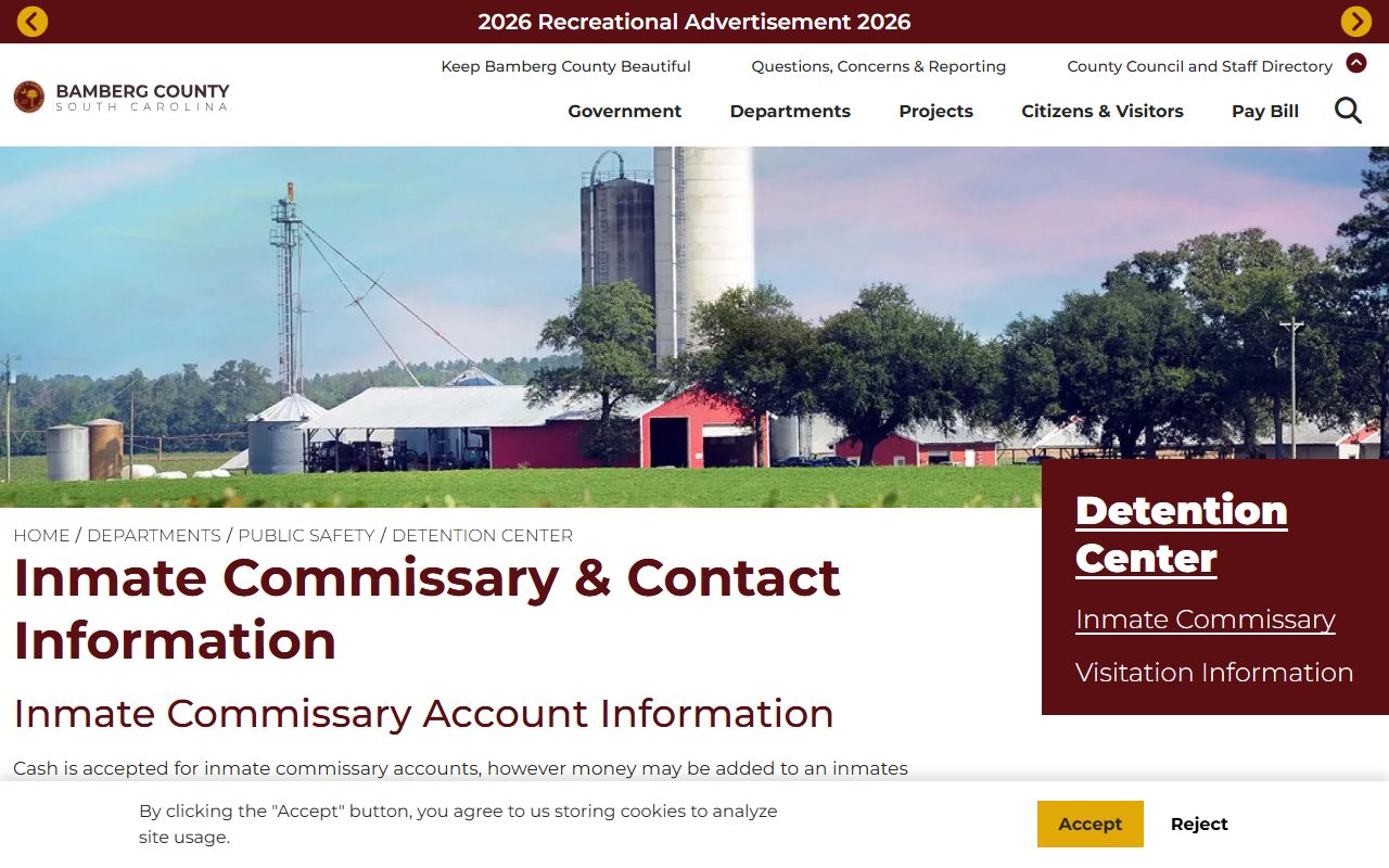 Bamberg County inmate records commissary contact information