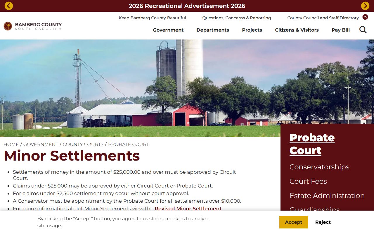 Bamberg County probate records minor settlement rules