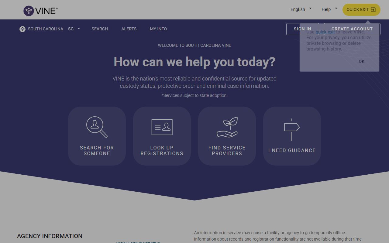 Bamberg County warrant records South Carolina VINELink portal